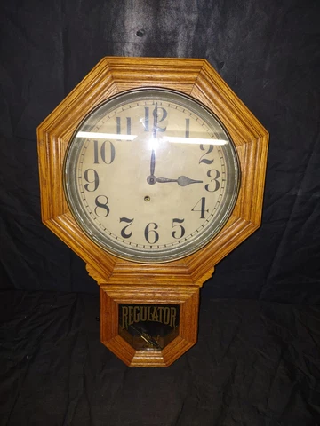 Antique E. Ingraham Regulator Wall Clock Oak School Clock Works Cover