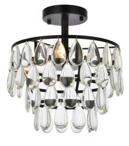 Flush Mount Chandelier Black Dining Room Bedroom Glass Crystals 3 Light Fixture - Picture 1 of 9