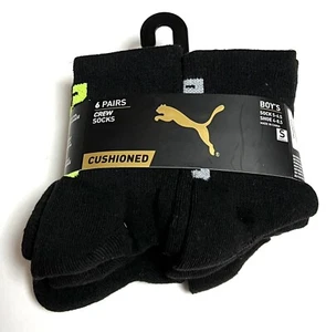 Puma Boy's 6 Pack Crew Black Socks Cushioned Shoe Size 4-8.5 Arch Support - Picture 1 of 6