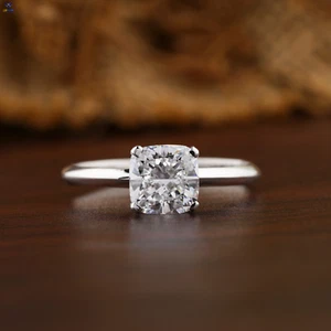 1.25 TCW Cushion Solitaire Labgrown Diamond Ring 18k White Gold Labstone - Picture 1 of 6