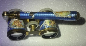 Opernglas Messing Perlmutt Emaille handbemalt   Klappgriff Tasche 5 Engel antik - Bild 1 von 24