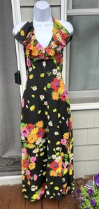 Vintage ‘70s  Retro Poppy Floral Print Halter Ruffle Neck  Maxi Dress Sz S - Picture 1 of 7