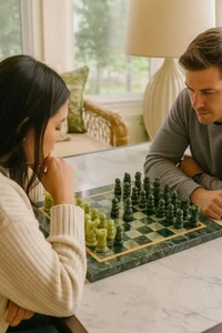 Black Marble and Green Stone Chess Board Set with Chess Pieces – Handmade Gifts - Picture 1 of 9