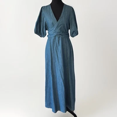 Vestido vaquero antiguo azul marino para mujer manga abullonada torcida frontal talla L campesino boho lechera Foto 1 de 4