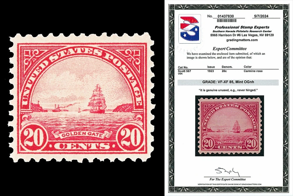 Scott 567 1923 20c Golden Gate Flat Plate Mint Graded VF-XF 85 NH with PSE CERT - Image 1 of 1