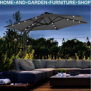 3m Cantilever Garden Parasol with Solar LED Base & Cover Outdoor Umbrella Shade - Picture 1 of 13