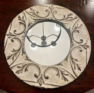 Tin Wall Mirror 21.5” Round White Salvage Ceiling Tiles Shabby Chic 12” Glass - Picture 1 of 4