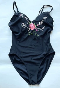 Vintage Sun Streak schwarz Blumen bestickt wattiert Bügel Badeanzug Gr. 12 - Bild 1 von 8