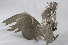Large Vintage Silver Fighting Cockerel Figure, Cock Fight, Antique French Style
