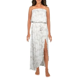 New Surf Gypsy Womens Floral Smocked Dress Swim Cover Up Ivory LEG SLIT Medium - Picture 1 of 2