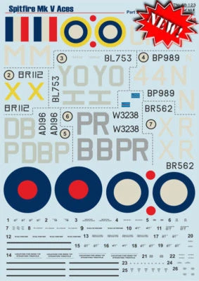 Print Scale 48-123 - 1/48 Decal for Airplane Spitfire Mk V Aces, Part 2 Aircraft - Image 1 of 4