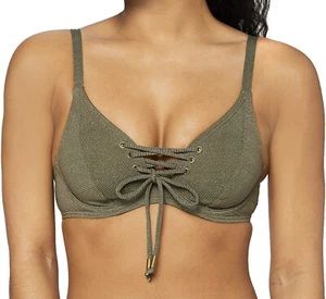 Pour Moi Barcelona Bikini Top Khaki Green Glitter Size 32E Plunge Rope Lace Up - Picture 1 of 12