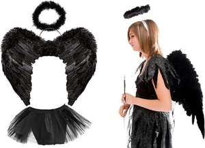 Dark Fallen Angel Bkack Fairy Halloween Adult Costume Fancy Dress Halo Wing Tutu - Picture 1 of 6