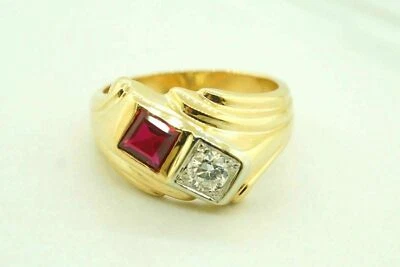 1.20Ct Red Lab Created Ruby Wedding Ring Men's Band 14K Yellow Gold Plated - Image 1 of 4
