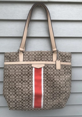 Borsa Coach Signature argento cachi arancione caldo tessuto jacquard pelle F27008