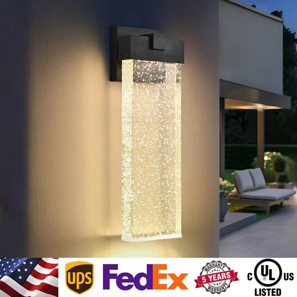 Aplique de porche negro moderno de 18" con lámpara LED de burbuja de cristal Foto 1 de 4