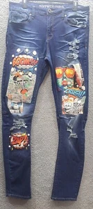 Pantalones de mezclilla Rutherford para hombre 34x32 azules cómicos pintados oscuros desgastados calce ajustado elásticos - Imagen 1 de 12