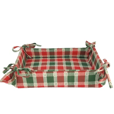 Fabric Corner Tie Basket Country Christmas Plaid Rectangle 13.5 x 10 Casserole  - Image 1 of 4