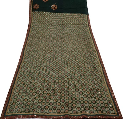 Sari Sushila Vintage Verde Pura Georgette Seda Estampada y Tejida Sari 5 YD Tela Foto 1 de 4