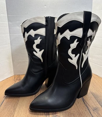 New Torrid 9.5 WW Wide Western Cowboy 3.5" Heel Mid Calf Boots Black And White - Image 1 of 4