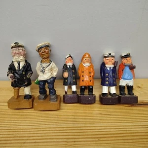 2 Resin 6" & 4 Wooden Carved 4" Nautical Figurines Captain Fisherman Vintage - Picture 1 of 16