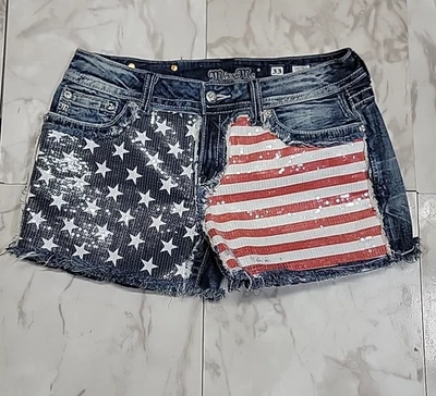 Miss Me American Flag Canvas Pocket Sequined USA Flag Denim Shorts Women 33 - Image 1 of 4