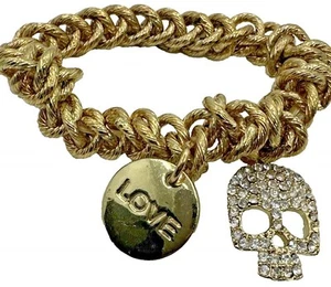 Skull Love Charm Bracelet Stretch Chunky Links Gold Tone Small Rhinestones  - Picture 1 of 8