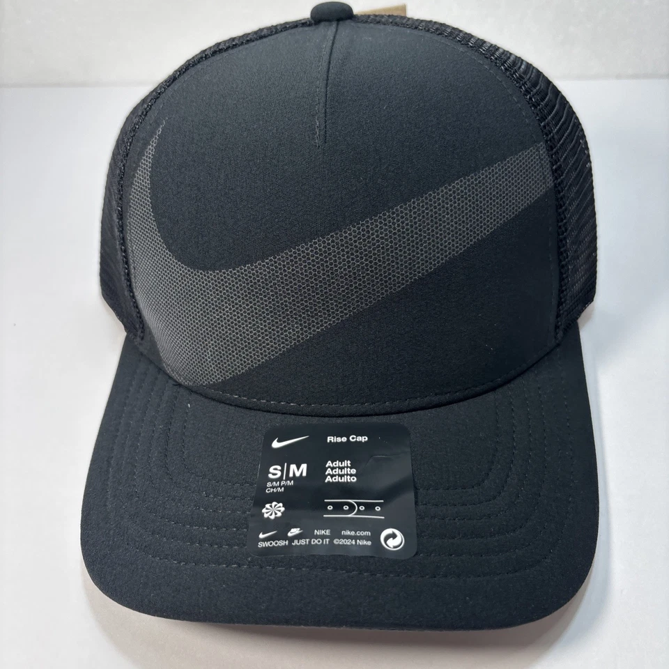 Nike Rise Cap Structured Swoosh Trucker Hat Black S/M HJ7018 010
