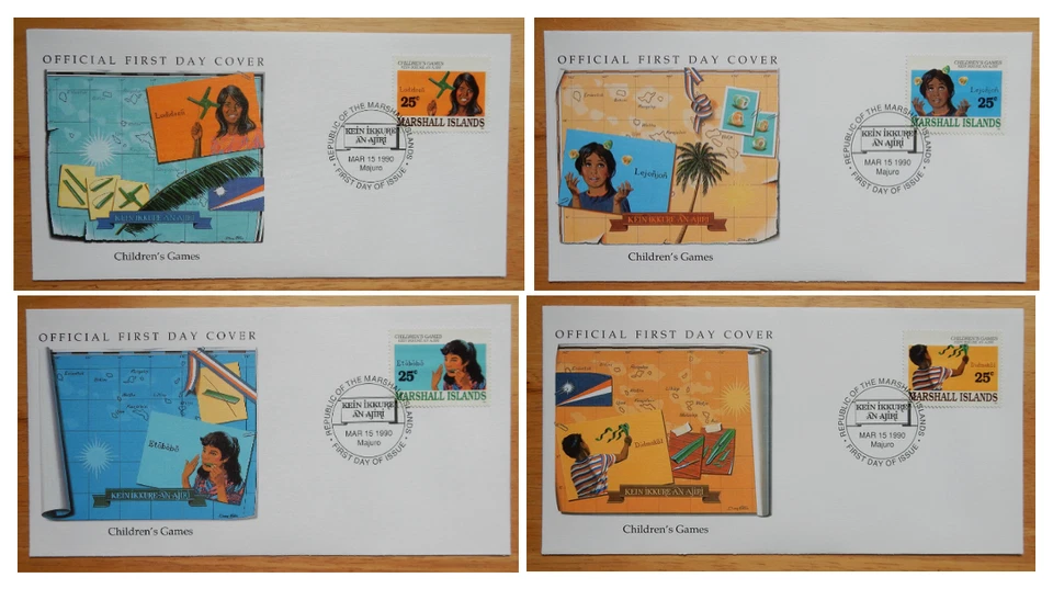 Set of 4 First Day of Issue Stamped Envelopes 1990 - Children's Games - Image 1 of 4