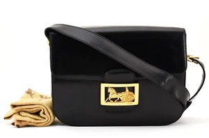 CELINE [Rank A] Horse Carriage Shoulder Bag Purse Calf Leather Black Gold Auth - Picture 1 of 15