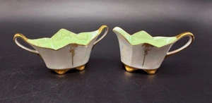 Antique Art Nouveau Iridescent Porcelain Footed Creamer & Sugar Set Green Gold - Picture 1 of 7