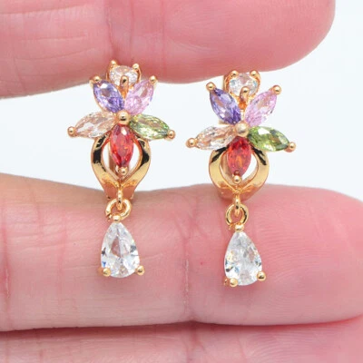 Pendientes Huggie Colgantes Flor Topacio Multicolor Rellenos Oro Amarillo 18K para Mujer Foto 1 de 4