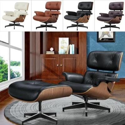 Mid Century Eams Lounge Chair and Ottoman Set Top Grain Leather Armchair Taller - Image 1 of 3