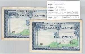 2 BILLETS INDOCHINE (INSTITUT D'ÉMISSION) VIET NAM - 1 PIASTRE - ND (1954) - Picture 1 of 2