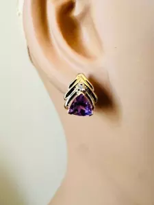 Estate 10K Yellow Gold Trillion Amethyst Stud Earrings 2.3g - Picture 1 of 8
