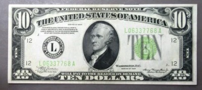 $10 FRN Series of 1934, Fr# 2004L, Light Green Seal, Very Choice CU - Image 1 of 2