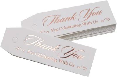 50 etiquetas de agradecimiento por celebrar con nosotros, etiquetas de agradecimiento, lámina de oro rosa, blanco Re Foto 1 de 4