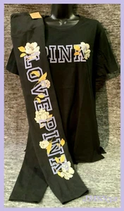 Victoria's Secret Pink Floral Campus SS Tee Shirt + Leggings Set Lilac Logo L XL - Picture 1 of 12