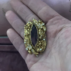 VTG Antique Art Nouveau Czech Amethyst Crystal Open Back Large Ornate Brooch - Picture 1 of 6