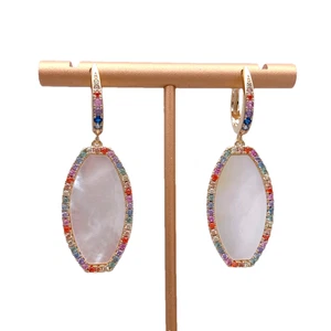 Real White Sea Shell Cz Pave Dangle Hoop Drop Earrings Valentines Day Gift - Picture 1 of 6