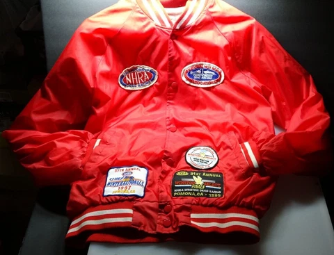 Vintage 1980's-1990's NHRA Red Jacket with 18 Racing Patches Medium size Jacket Cover