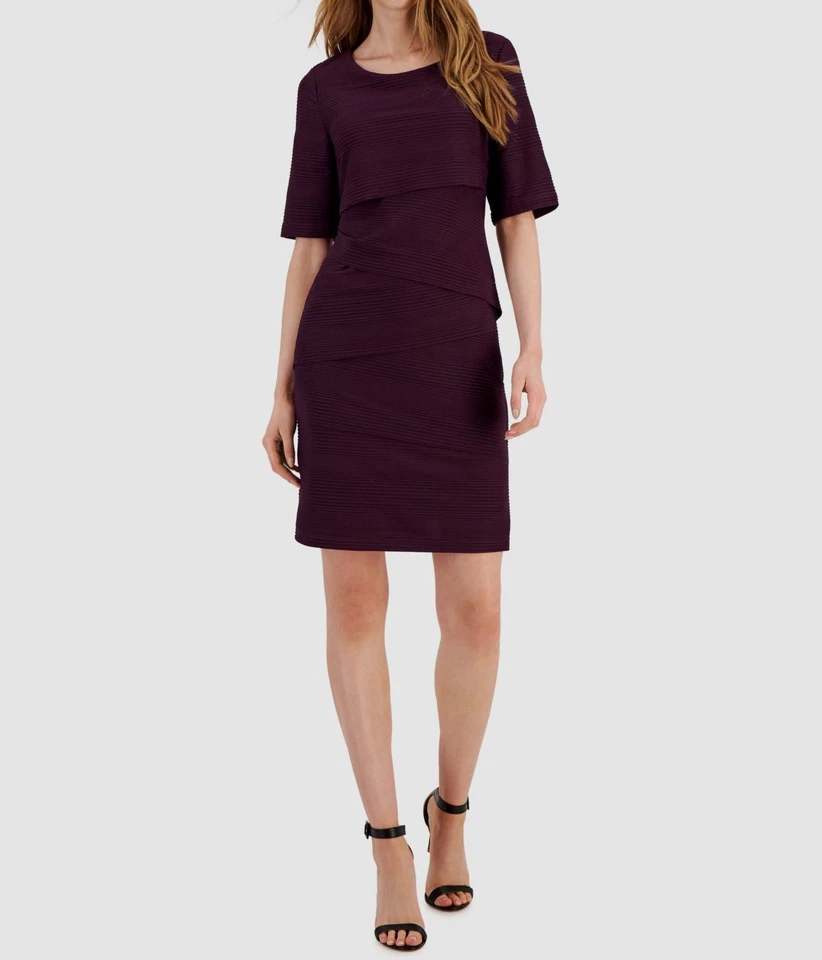 Connected Tiered Ribbed Jersey Sheath Dress Women's 14 Bordeaux Elbow Sleeve
