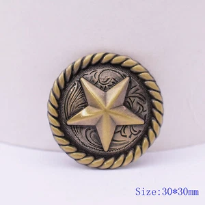 30*30MM 6PCS ROUND ROPE EDGE WESTERN TEXAS STAR ANTIQUE SILVER & BRASS CONCHOS - Picture 1 of 10