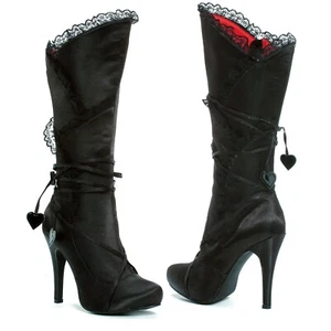 Scarpe Ellie raso pizzo al ginocchio costume Halloween tacchi neri stivali 400-GOTHIKA - Foto 1 di 3