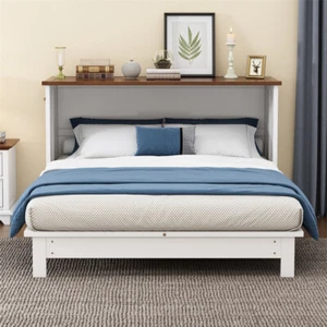 Queen Size Murphy Bed w/Charging Station & Drawer Murphy Wood Cabinet Furniture - Picture 1 of 14