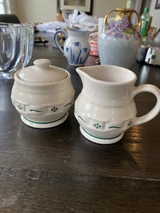Longaberger pottery woven traditions green sugar bowl with lid and creamer - Picture 1 of 3