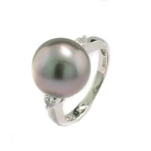 Tahitiperle Brillant Ring feine graue 12-mm-Perle 2 Brillanten 900er Platin, neu - Bild 1 von 4