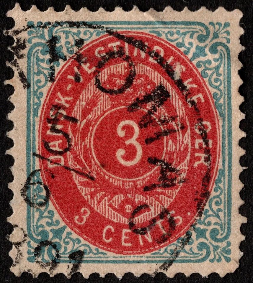 Danish West Indies - 1874 - 3 Cents Blue & Carmine Numeral of Value # 6 F-VF - Image 1 of 1