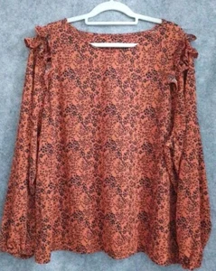 TU Size 26 Orange Black Floral Long Rudffle Sleeve Tunic Top Blouse - Picture 1 of 5