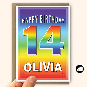 Personalised 14th birthday card for boy or girl, son or daughter, rainbow theme - Picture 1 of 8